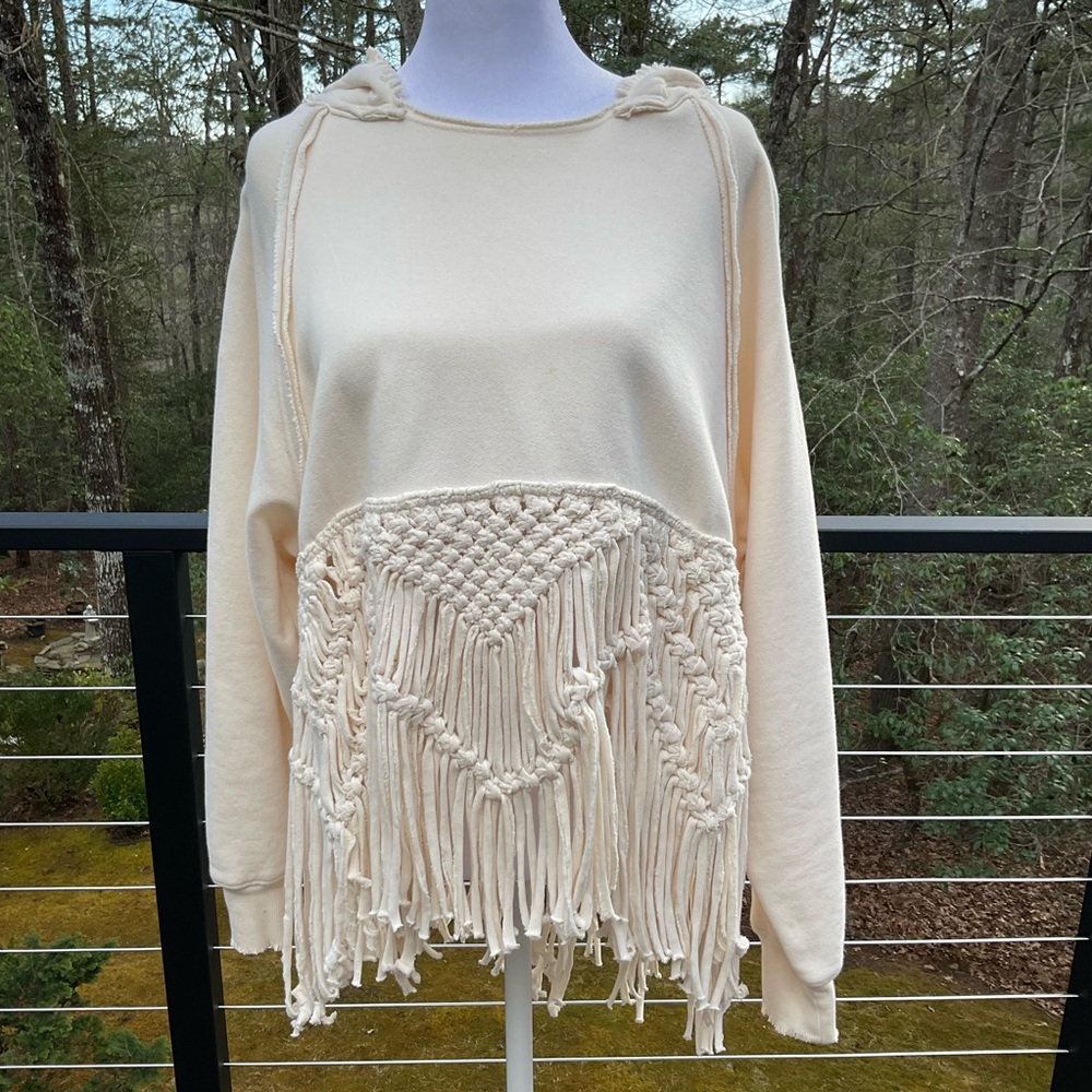 We The Free Soft Cream Macrame Fringe Hoodie NWOT
